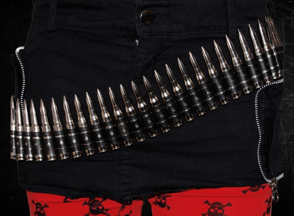 Ammo belt with real bullet accents in chrome or brass – rugged biker accessory Ammo belt with real bullet accents in chrome or brass – rugged biker accessory
