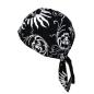 Preview: Bandana Cap mit weißem Totenkopf-Muster auf schwarzer Baumwolle, hinten gebunden, Unisex für Biker & Rocker
