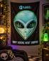 Preview: Cannabis Explained Why Aliens Visit Earth Posterfahne mit Grey Alien und Cannabisblättern in den Augen