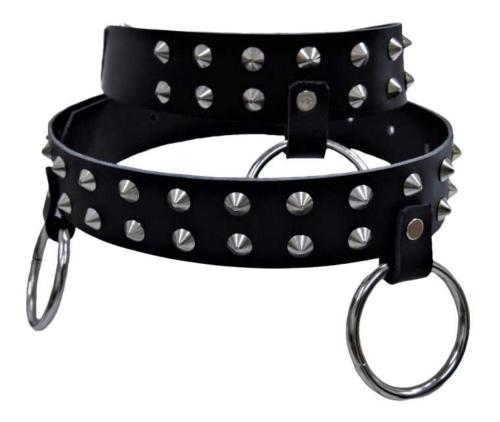 Leather belt conical studs 2 row with rings