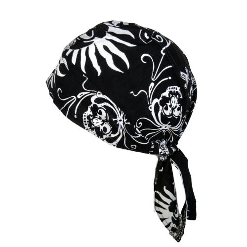 Bandana Cap mit weißem Totenkopf-Muster auf schwarzer Baumwolle, hinten gebunden, Unisex für Biker & Rocker