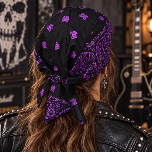 Biker bandana cap with purple paisley pattern