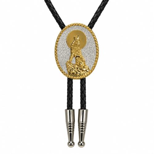 Western bolo tie with wolf motif and black braided cord