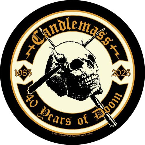 CANDLEMASS Rückenaufnäher – 40 Years of Doom – runder Patch mit Schädel und Kreuz – 28 cm – 100 % Polyester