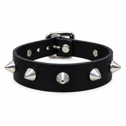 Studded leather bracelet with conical spike studs