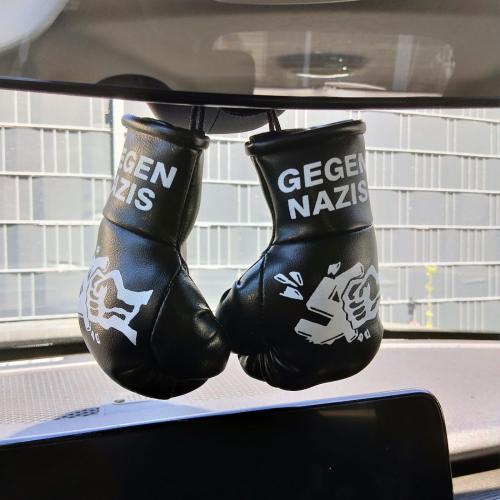 Anti-Nazi mini gloves hanging on car rearview mirror – bold protest decor