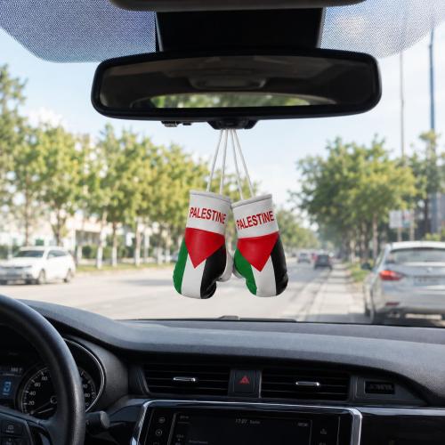 Palestine mini boxing gloves hanging from rear-view mirror