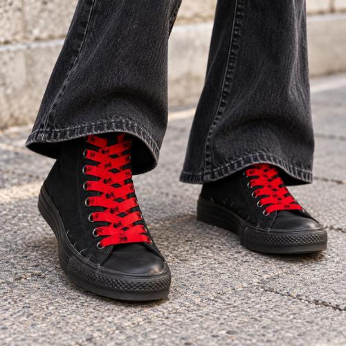 Flat red shoelaces with black skull pattern