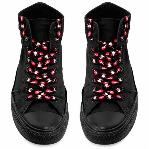Black rock shoelaces with white skulls and red guitar print