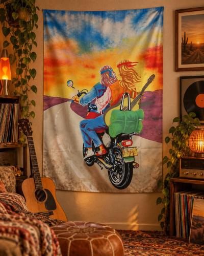 Hippies On Bike poster flag with hippie couple riding a motorcycle