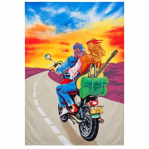 Hippie biker poster flag with motorcycle, guitar and colourful road trip design