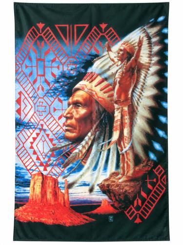 Native American Chief Wandfahne mit Portrait, geometrischen Mustern und Wüstenlandschaft