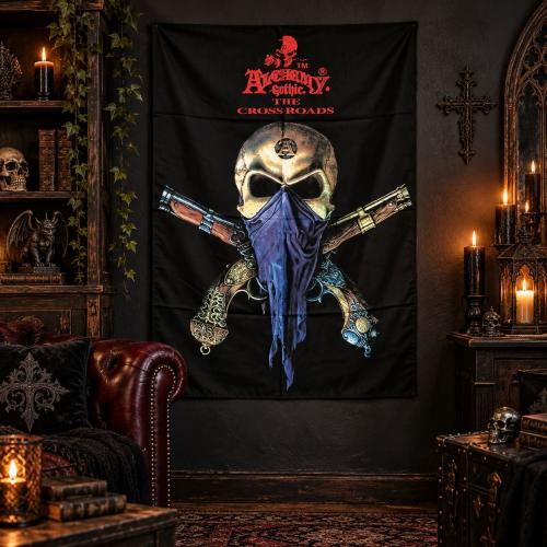 Alchemy Gothic The Crossroads Posterfahne mit Totenschädel blauem Bandana und gekreuzten Pistolen