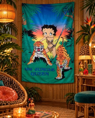 Betty Boop The Jungle Queen Posterfahne mit Tigern und tropischem Dschungelmotiv