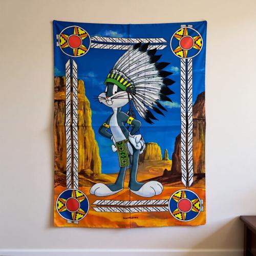 Bugs Bunny poster flag with feather headdress and Western desert design