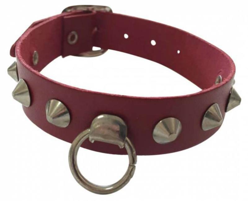Conical Studs Fetish Leather Wristband In Red