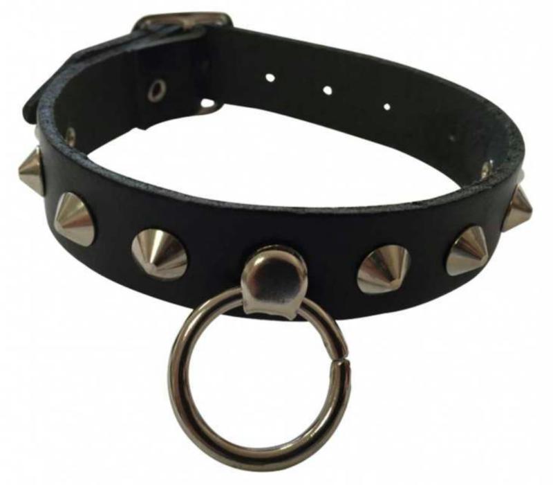 Black Fetish Leather Wristband With Conical Studs