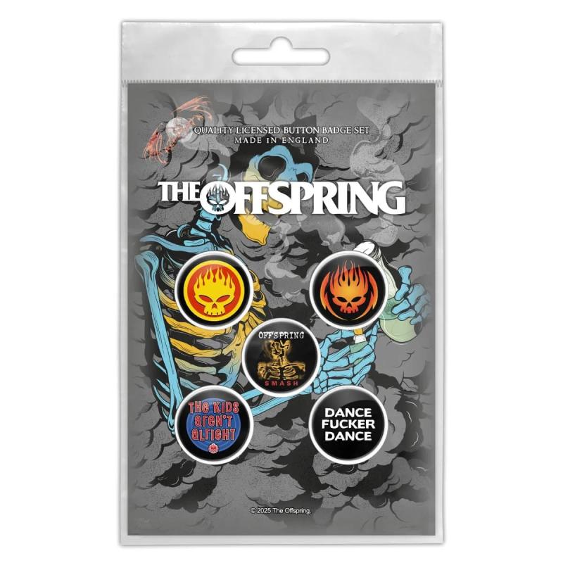 THE OFFSPRING Button-Set – Skeleton Molotov – 5 Buttons mit Bandmotiven – Kunststoff – ca. 25 mm – offizielles Punkrock Merch
