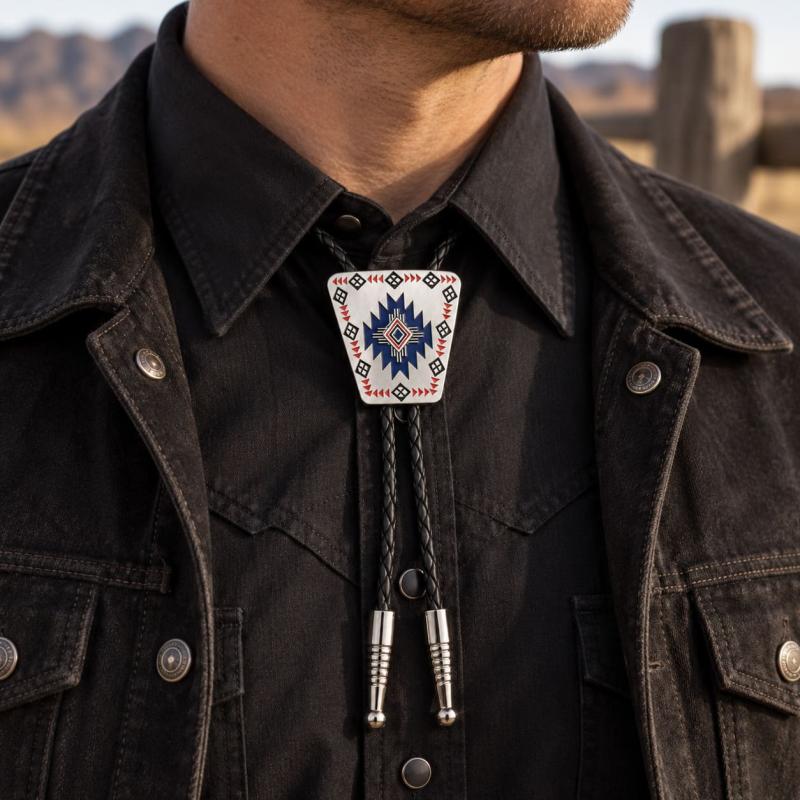 Bolo Krawatte mit geometrischem Western-Muster, Kunstlederband und Metallspitzen