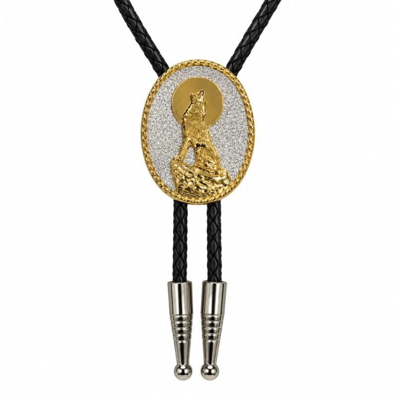 Western bolo tie with wolf motif and black braided cord