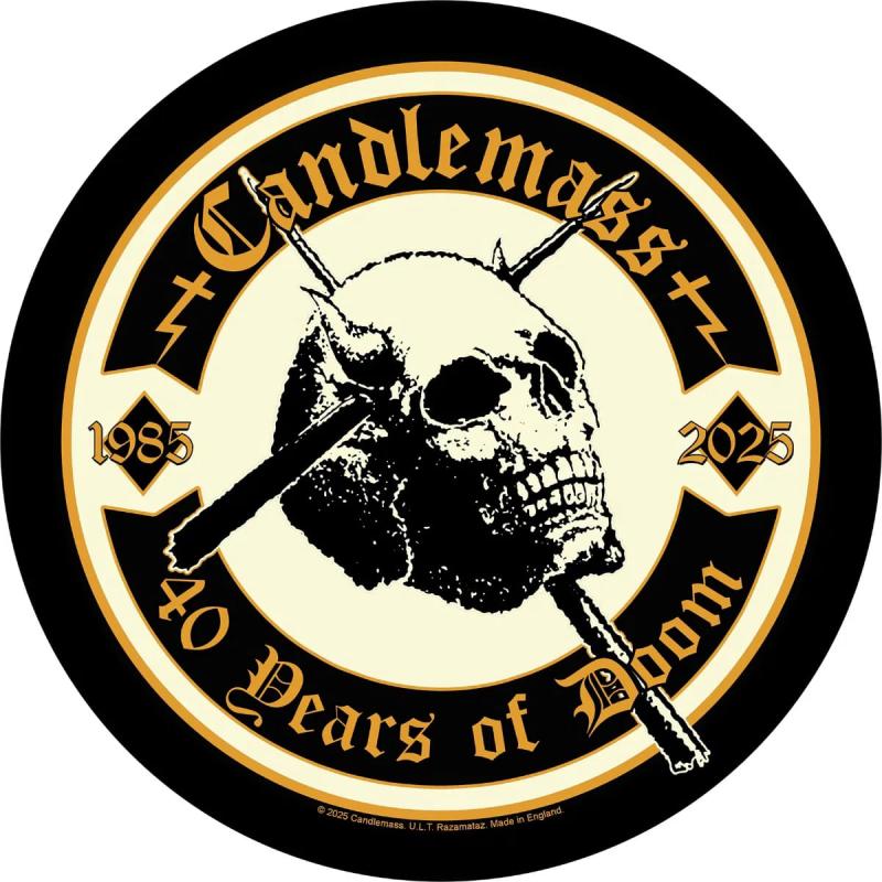 CANDLEMASS Rückenaufnäher – 40 Years of Doom – runder Patch mit Schädel und Kreuz – 28 cm – 100 % Polyester