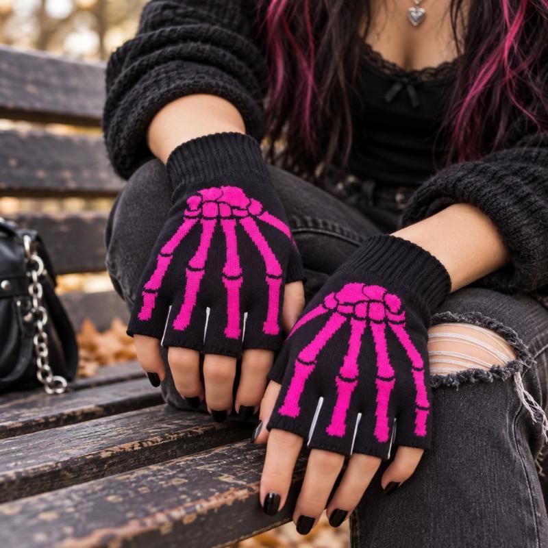 Schwarze fingerlose Handschuhe mit pinkem Skelett-Hand-Design