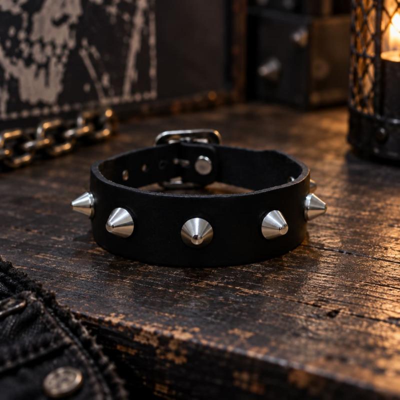Leather bracelet with conical studs for punk and rocker style