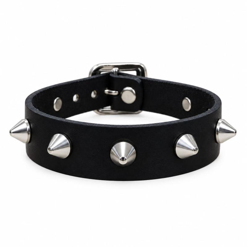 Studded leather bracelet with conical spike studs