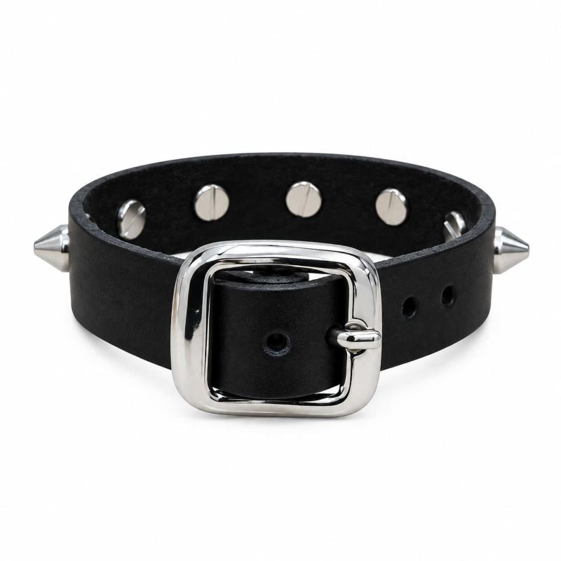 Punk leather wristband with pointed conical studs
