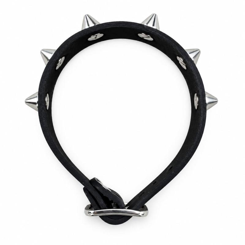 Spiked leather bracelet with conical studs and narrow wristband design
