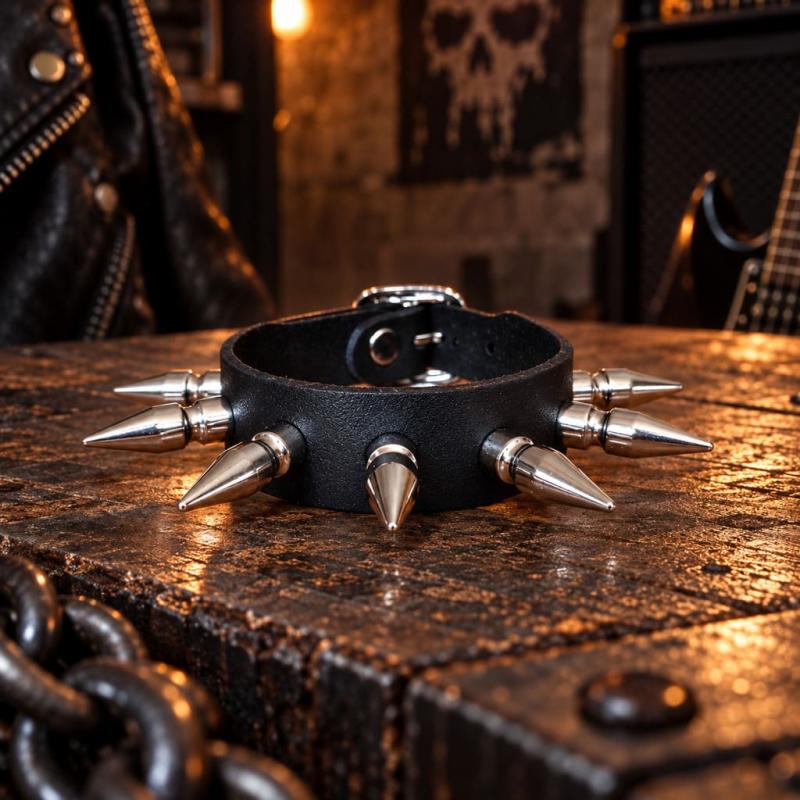 Schwarzes Lederarmband mit einreihigen Killernieten auf einem rustikalen Holztisch