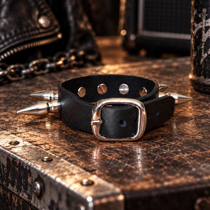 Schwarzes Nietenarmband aus Leder mit Killernieten in einem rockigen Industrial-Setting