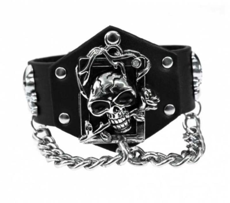 Kunstleder Armband Totenkopf Rose