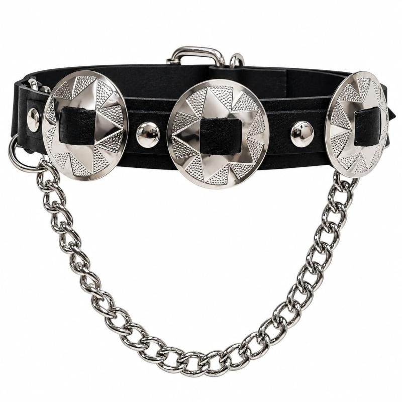 Leder-Stiefelbänder mit großen runden Conchos und Kette