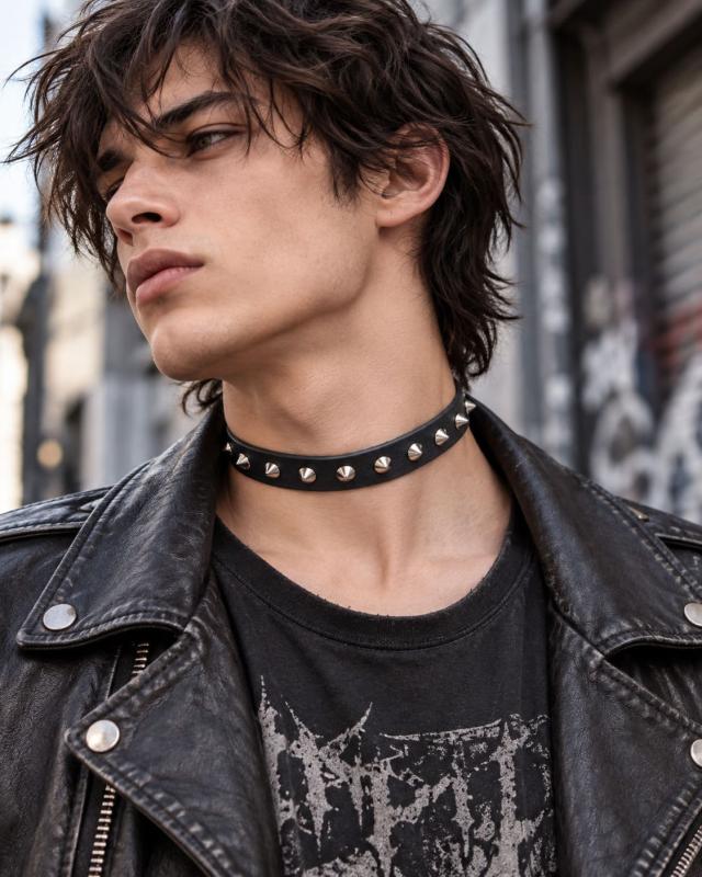 Black studded leather choker with conical stud design