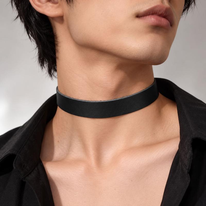 Minimalist black leather choker collar with narrow design