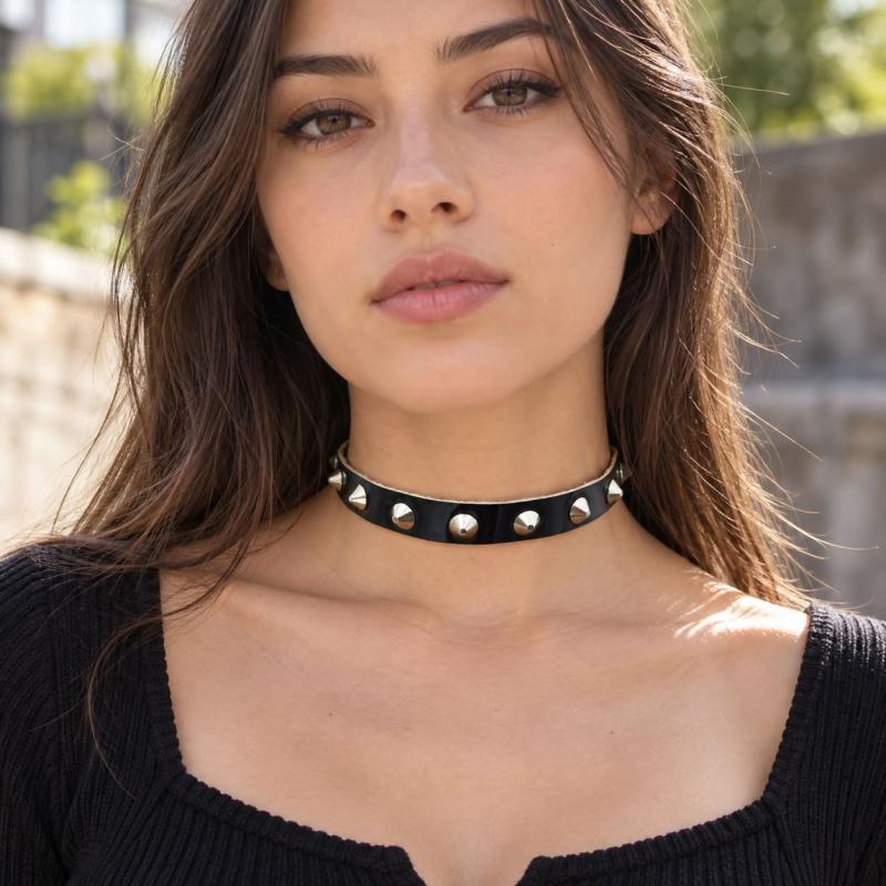 Slim black patent leather studded choker with conical studs