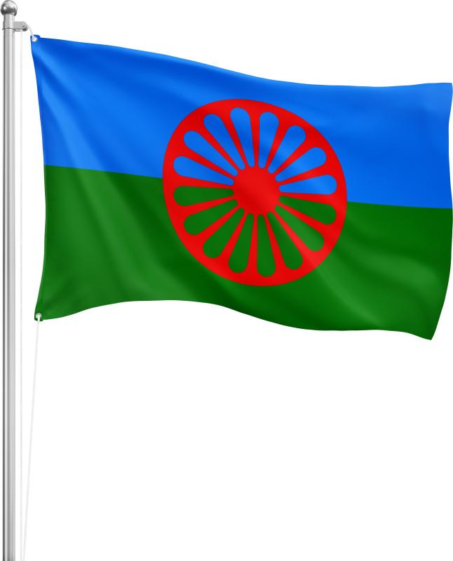 Sinti & Roma flag displayed on flagpole