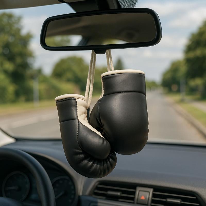 Black and white mini boxing gloves on rear-view mirror