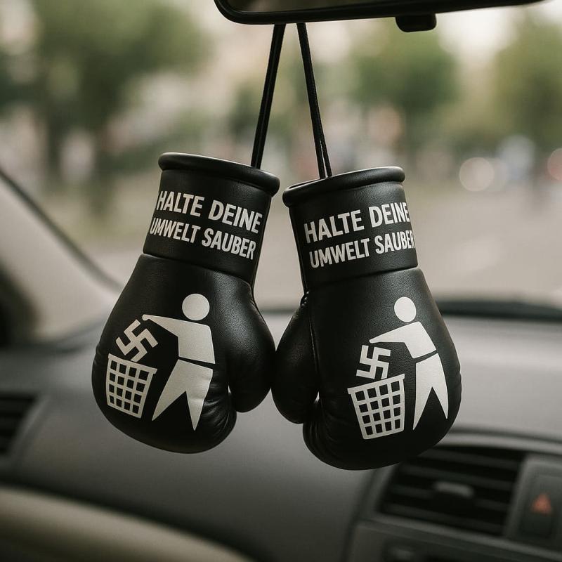 Mini Boxhandschuhe „Halte Deine Umwelt sauber“ – Schwarzes Kunstleder – Symbol gegen Faschismus – Deko fürs Auto oder Büro