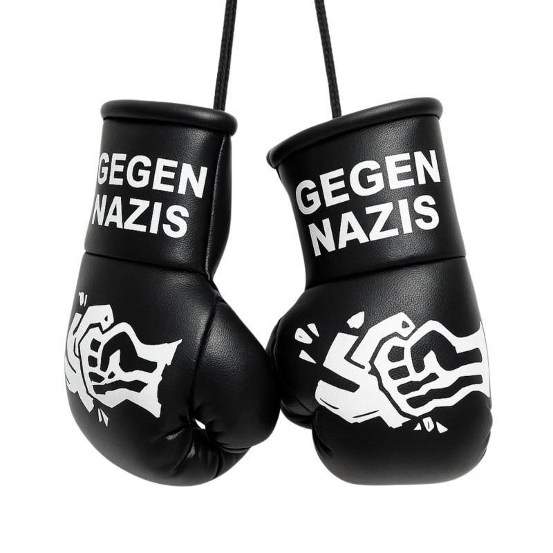 Mini boxing gloves “Against Nazis” made of black faux leather – Anti-fascist fist design