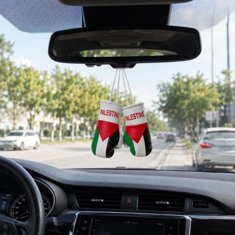 Palestine mini boxing gloves hanging from rear-view mirror