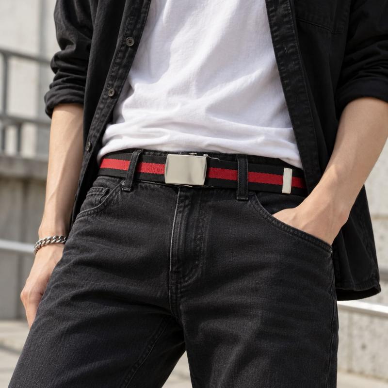 Schwarz-roter Canvas-Gürtel aus Nylon mit markantem rotem Mittelstreifen