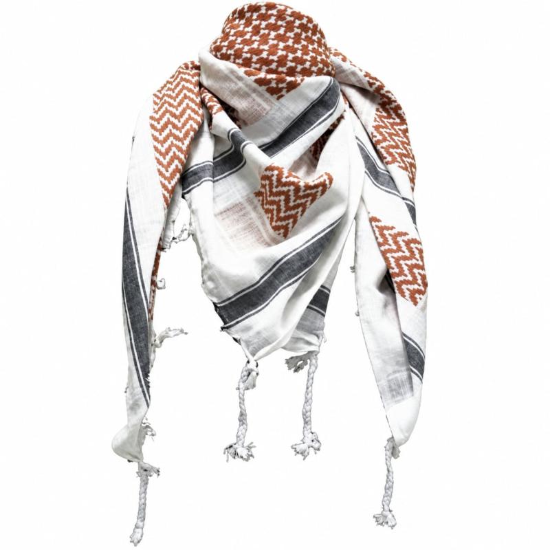 Cotton keffiyeh scarf in white brown and black with fringed edges