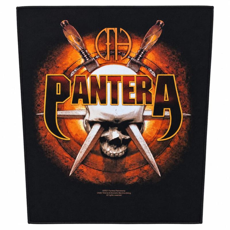 Official Pantera Skull Knives band back patch with orange skull artwork
