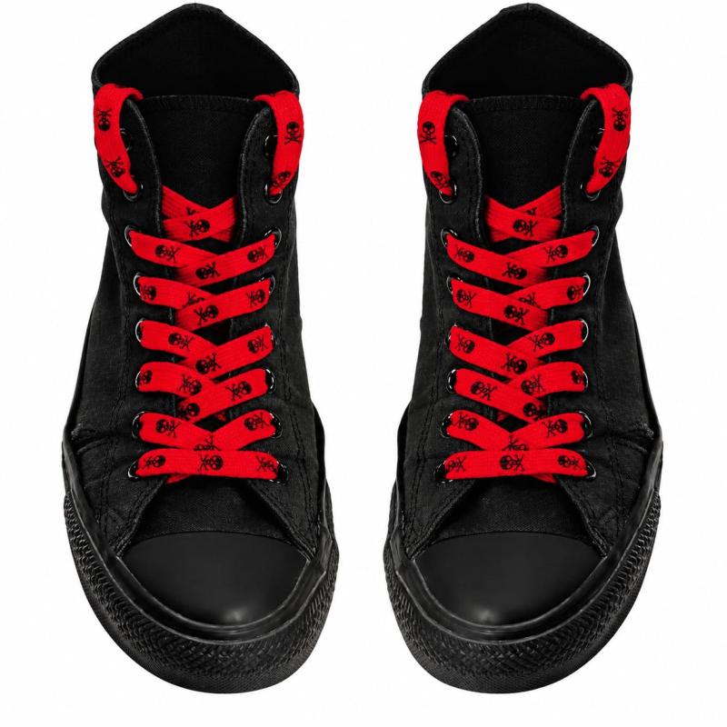 Red skull print shoelaces on black high-top sneakers