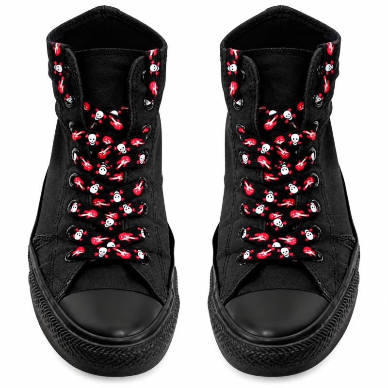 Black rock shoelaces with white skulls and red guitar print