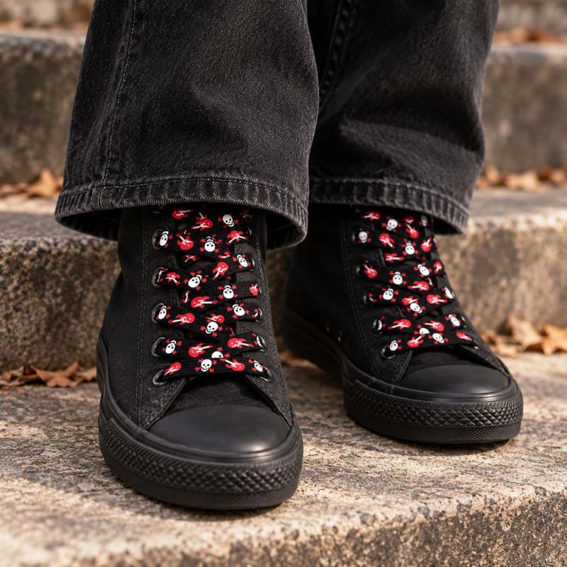 Skull and guitar printed shoelaces on black high-top shoes