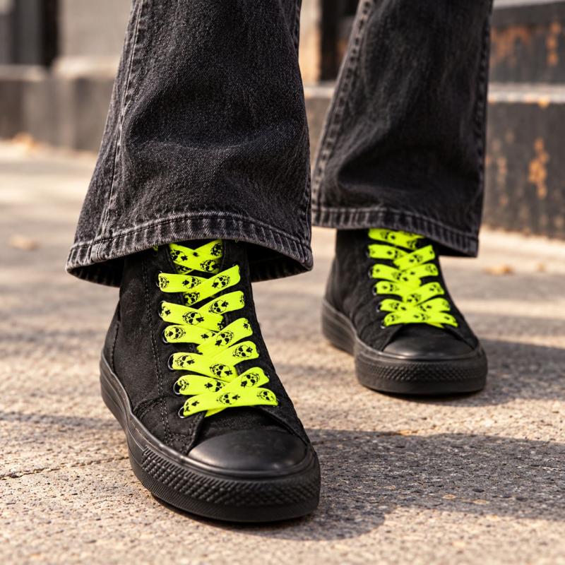 Flat neon yellow shoelaces with black skull pattern
