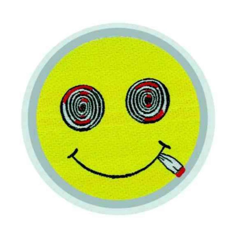 Round patch with yellow happy face, spiral eyes and joint – eye-catching trippy design